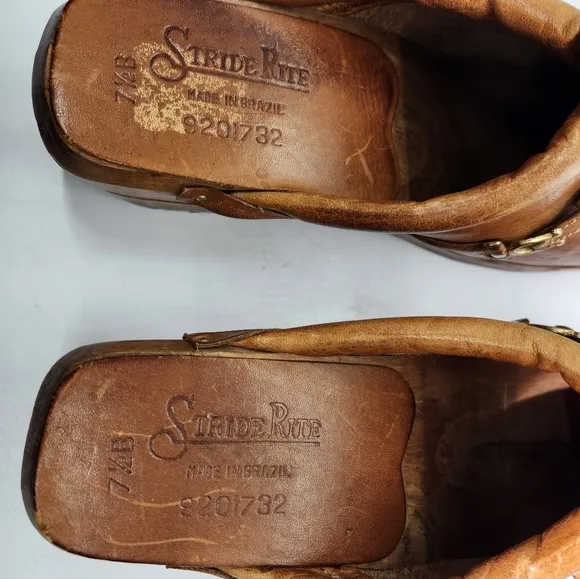 Stride Rite Vintage Boho Brown Leather Mules with Wooden Soles Sz 7.5B