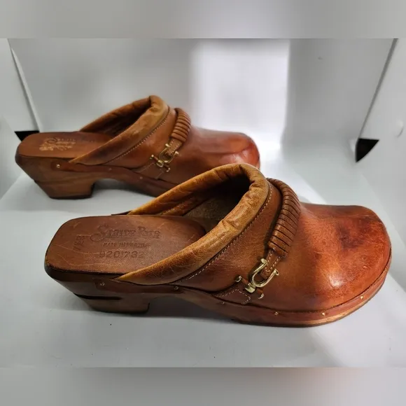 Stride Rite Vintage Boho Brown Leather Mules with Wooden Soles Sz 7.5B