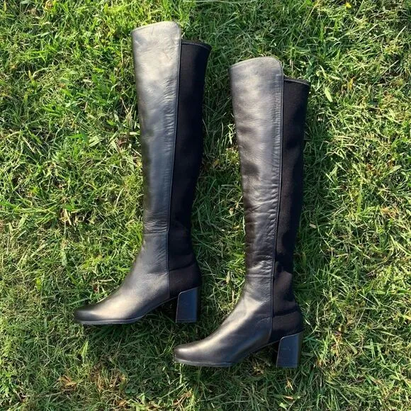 Stuart Weitzman 5050 Over the Knee Boots- Black Leather City Block Heel Size 4