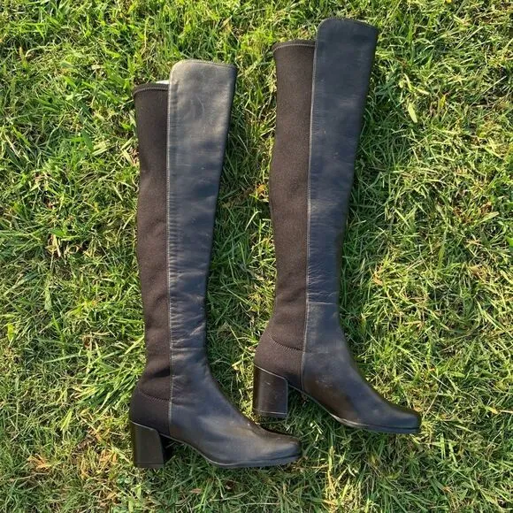 Stuart Weitzman 5050 Over the Knee Boots- Black Leather City Block Heel Size 4