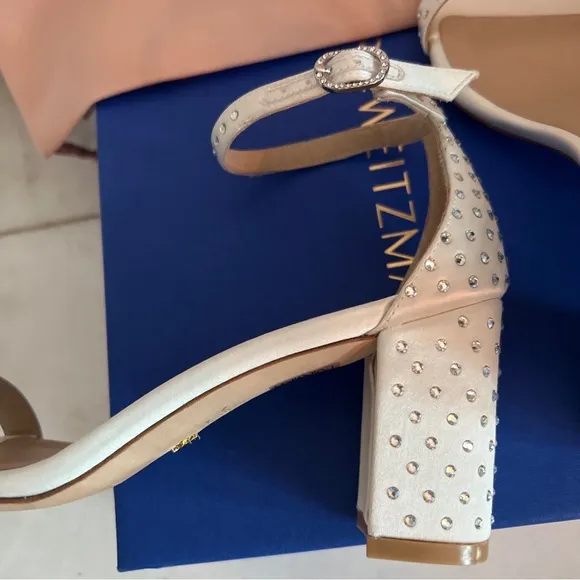 Stuart Weitzman 75mm Nearlynude Shine Block Heel Strap White Satin Crystal 5 5.5