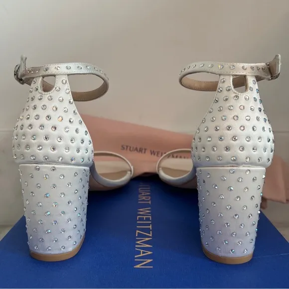 Stuart Weitzman 75mm Nearlynude Shine Block Heel Strap White Satin Crystal 5 5.5