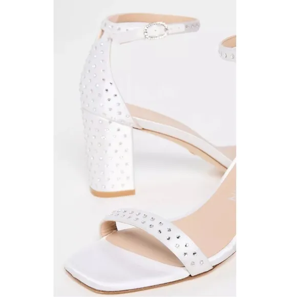 Stuart Weitzman 75mm Nearlynude Shine Block Heel Strap White Satin Crystal 5 5.5