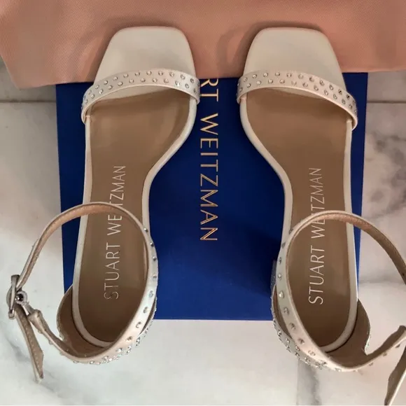 Stuart Weitzman 75mm Nearlynude Shine Block Heel Strap White Satin Crystal 5 5.5