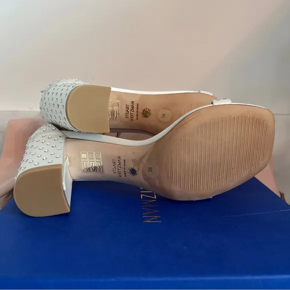 Stuart Weitzman 75mm Nearlynude Shine Block Heel Strap White Satin Crystal 5 5.5