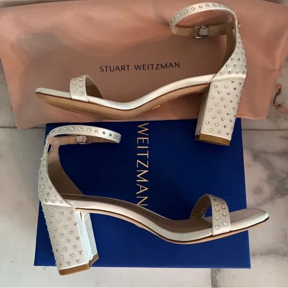 Stuart Weitzman 75mm Nearlynude Shine Block Heel Strap White Satin Crystal 5 5.5