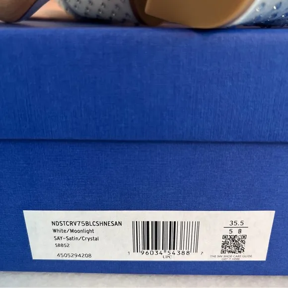 Stuart Weitzman 75mm Nearlynude Shine Block Heel Strap White Satin Crystal 5 5.5