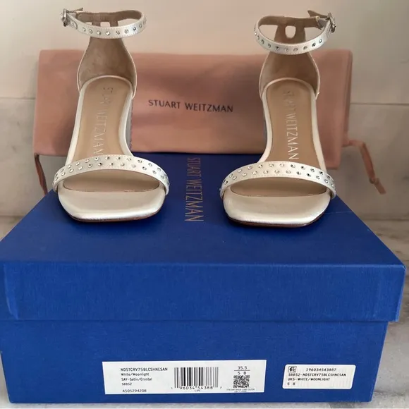 Stuart Weitzman 75mm Nearlynude Shine Block Heel Strap White Satin Crystal 5 5.5
