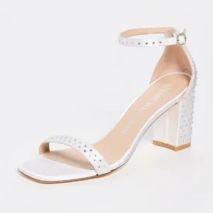 Stuart Weitzman 75mm Nearlynude Shine Block Heel Strap White Satin Crystal 5 5.5