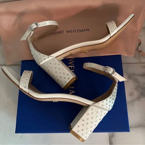 Stuart Weitzman 75mm Nearlynude Shine Block Heel Strap White Satin Crystal 5 5.5