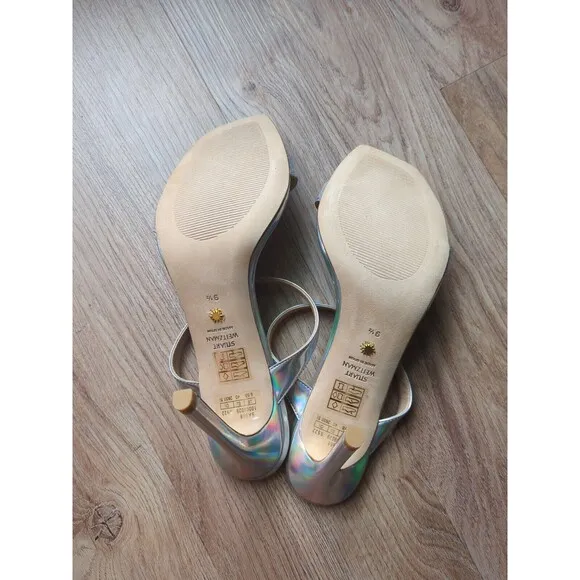 Stuart Weitzman Aleena 100 Heel Sandals Womens 9.5 Silver Hologram Iridescent