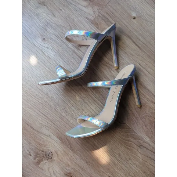 Stuart Weitzman Aleena 100 Heel Sandals Womens 9.5 Silver Hologram Iridescent