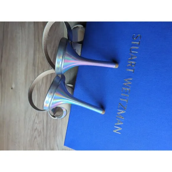 Stuart Weitzman Aleena 100 Heel Sandals Womens 9.5 Silver Hologram Iridescent