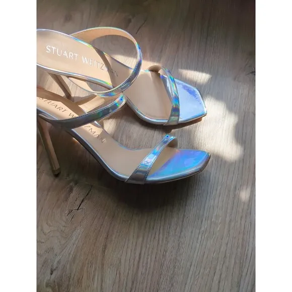 Stuart Weitzman Aleena 100 Heel Sandals Womens 9.5 Silver Hologram Iridescent