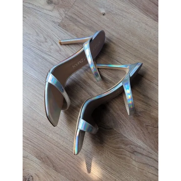 Stuart Weitzman Aleena 100 Heel Sandals Womens 9.5 Silver Hologram Iridescent