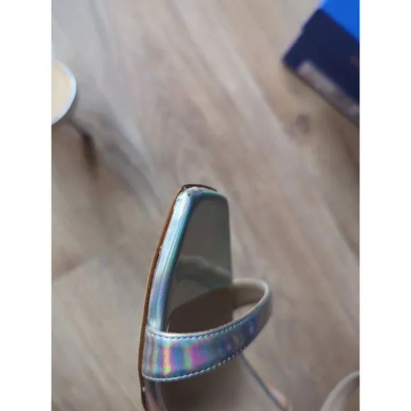 Stuart Weitzman Aleena 100 Heel Sandals Womens 9.5 Silver Hologram Iridescent