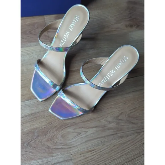 Stuart Weitzman Aleena 100 Heel Sandals Womens 9.5 Silver Hologram Iridescent