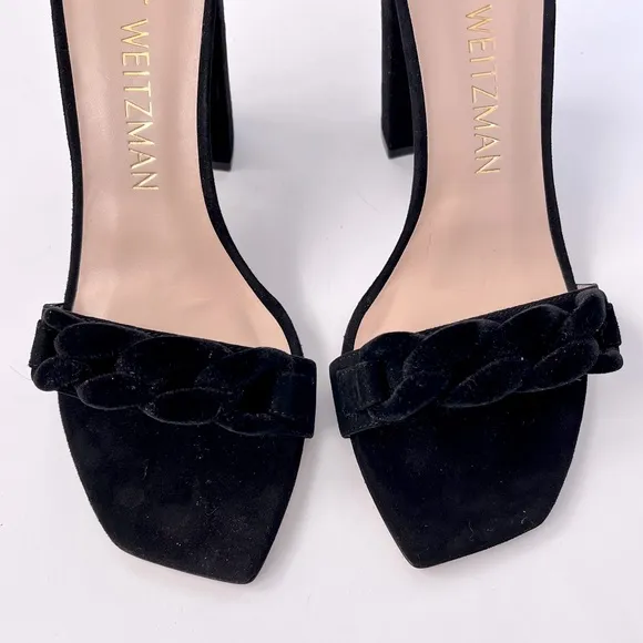 STUART WEITZMAN Amelina Chain Black Suede Block High Heel Sandals Size 9