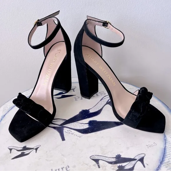 STUART WEITZMAN Amelina Chain Black Suede Block High Heel Sandals Size 9