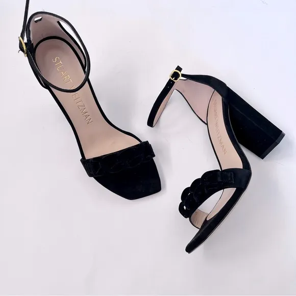 STUART WEITZMAN Amelina Chain Black Suede Block High Heel Sandals Size 9