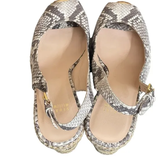 Stuart weitzman Beige Snakeskin Embossed Leather Espadrille Wedge Slingback9.5M