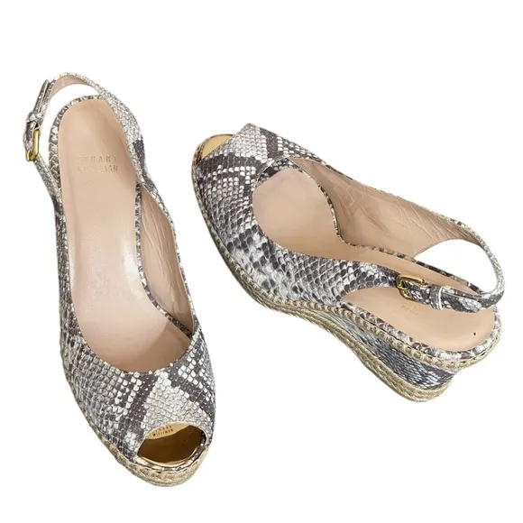 Stuart weitzman Beige Snakeskin Embossed Leather Espadrille Wedge Slingback9.5M