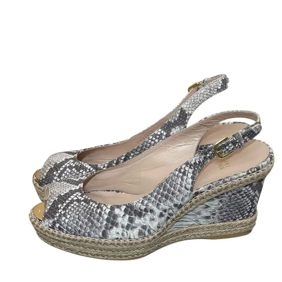 Stuart weitzman Beige Snakeskin Embossed Leather Espadrille Wedge Slingback9.5M