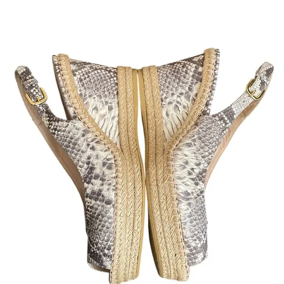 Stuart weitzman Beige Snakeskin Embossed Leather Espadrille Wedge Slingback9.5M