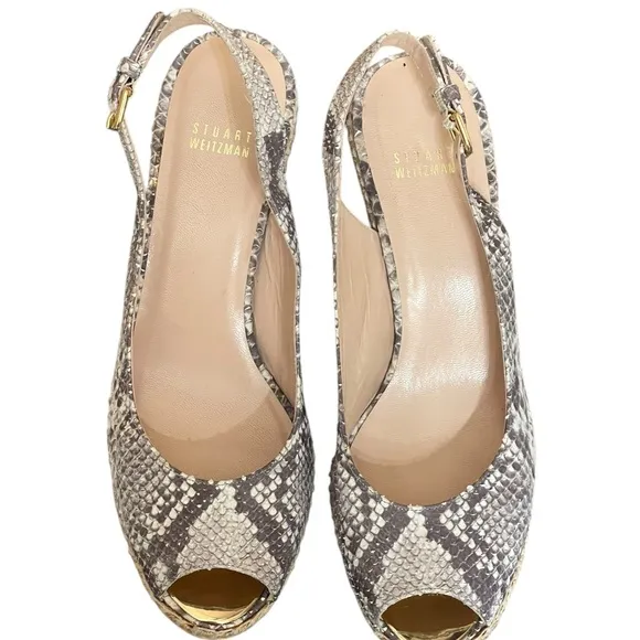 Stuart weitzman Beige Snakeskin Embossed Leather Espadrille Wedge Slingback9.5M