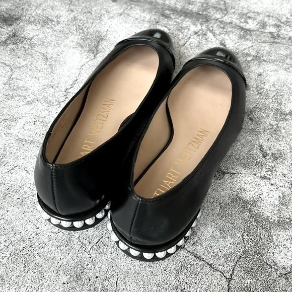 Stuart Weitzman Black Pearl Block Heel Leather Flats