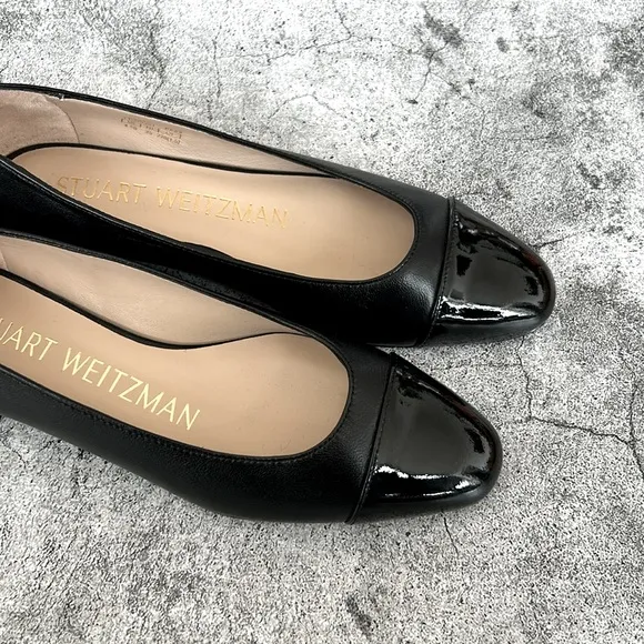 Stuart Weitzman Black Pearl Block Heel Leather Flats