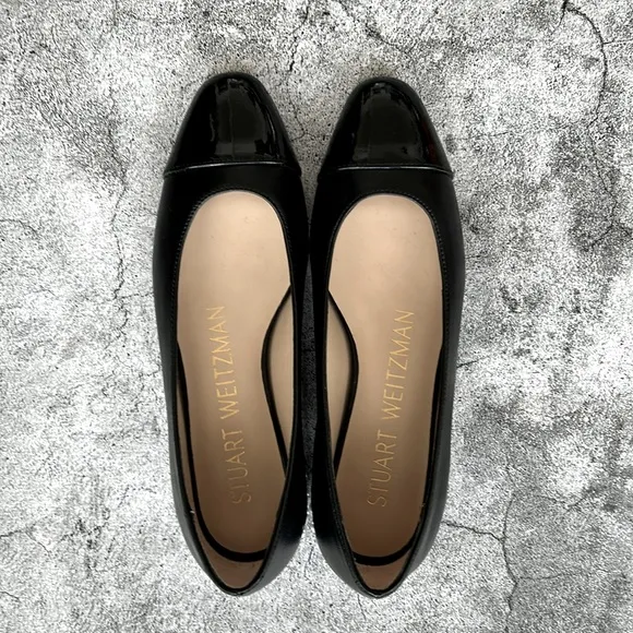 Stuart Weitzman Black Pearl Block Heel Leather Flats