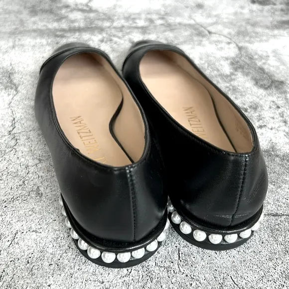 Stuart Weitzman Black Pearl Block Heel Leather Flats