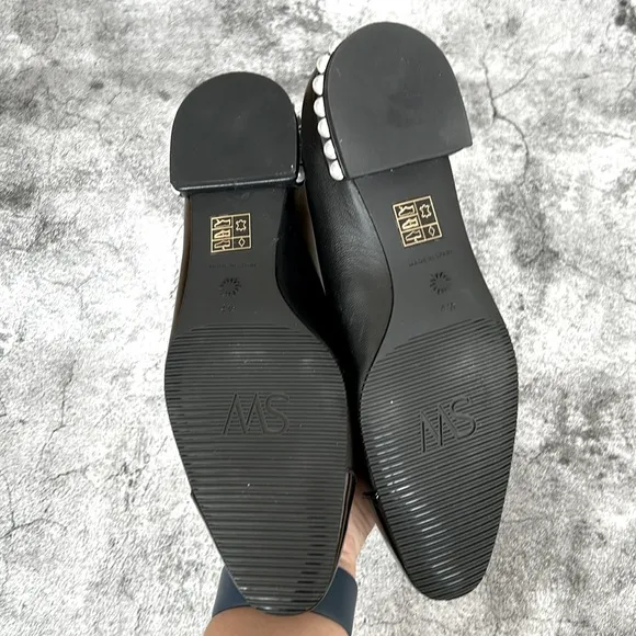 Stuart Weitzman Black Pearl Block Heel Leather Flats