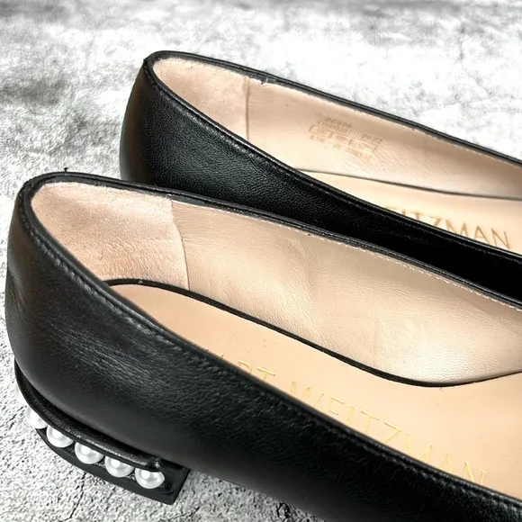 Stuart Weitzman Black Pearl Block Heel Leather Flats