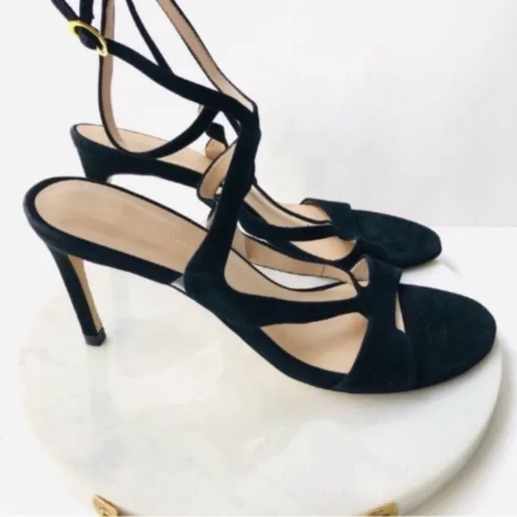 STUART WEITZMAN Black Suede Cutout Heel Sandals