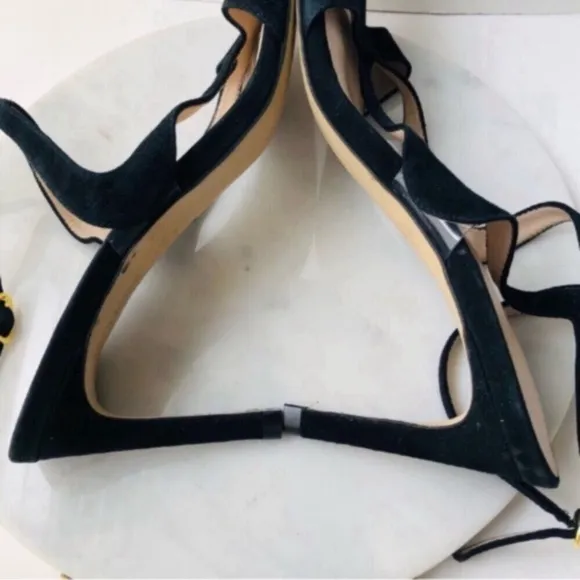STUART WEITZMAN Black Suede Cutout Heel Sandals