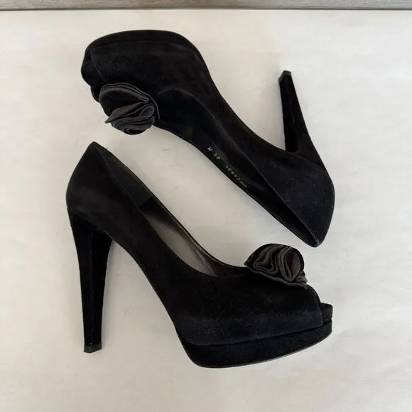 Stuart Weitzman Black Suede Floral Peep Toe Stiletto Heels Women’s 8.5 Evening