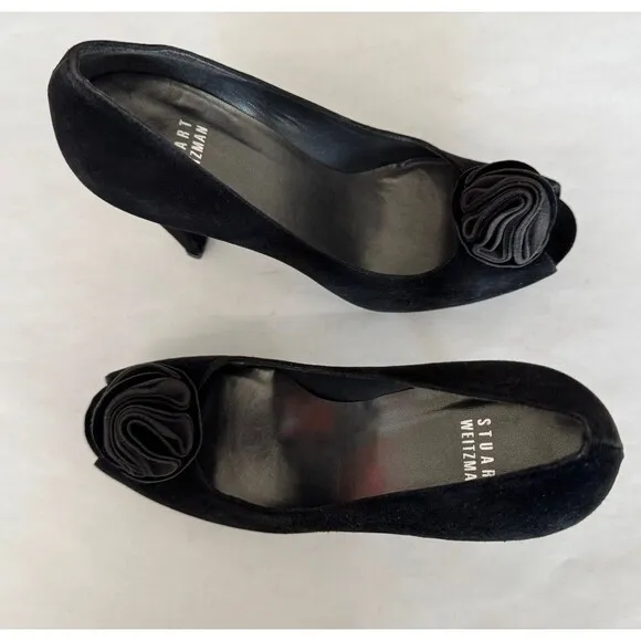 Stuart Weitzman Black Suede Floral Peep Toe Stiletto Heels Women’s 8.5 Evening