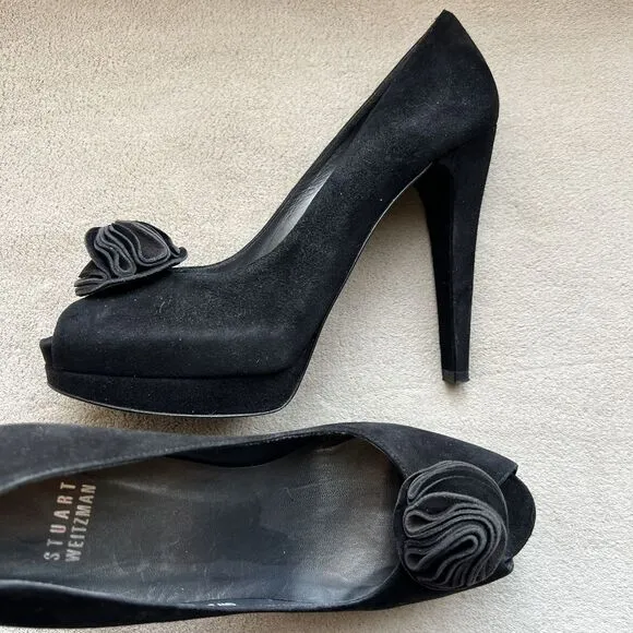 Stuart Weitzman Black Suede Floral Peep Toe Stiletto Heels Women’s 8.5 Evening