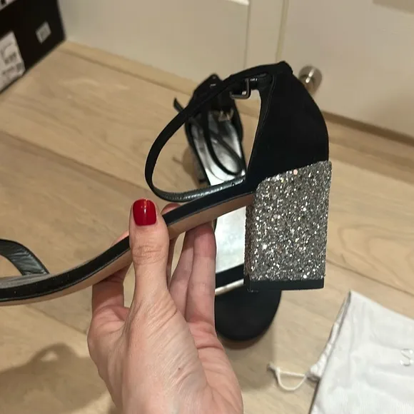 Stuart Weitzman black suede sandals with silver glitter block heel