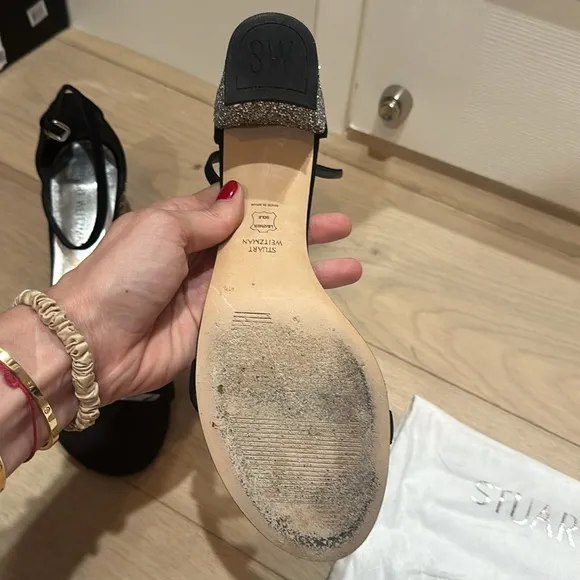 Stuart Weitzman black suede sandals with silver glitter block heel