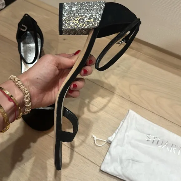 Stuart Weitzman black suede sandals with silver glitter block heel