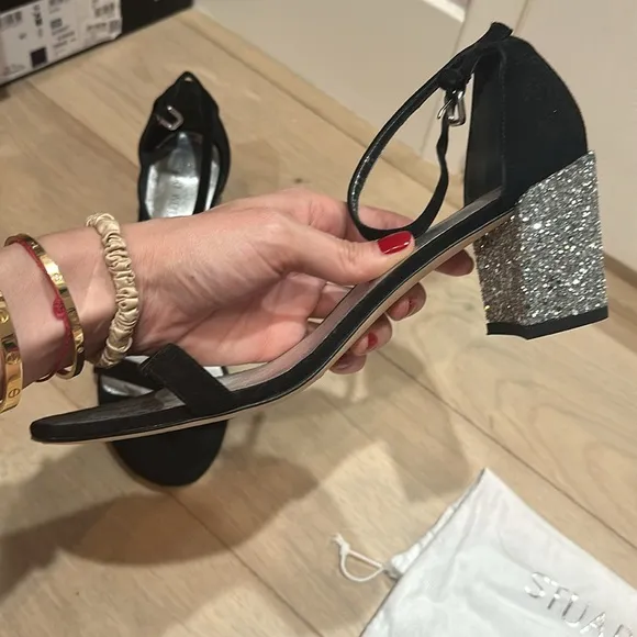 Stuart Weitzman black suede sandals with silver glitter block heel