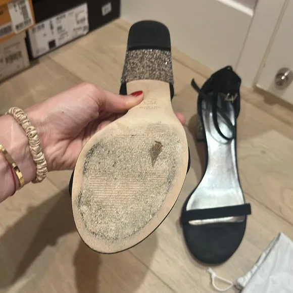 Stuart Weitzman black suede sandals with silver glitter block heel