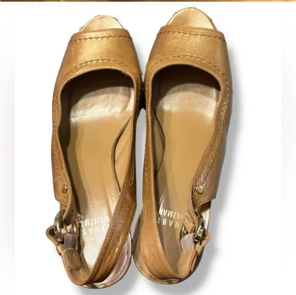 STUART WEITZMAN Brown Leather Peep Toe Slingback Raffia Wedge Sandals Studded