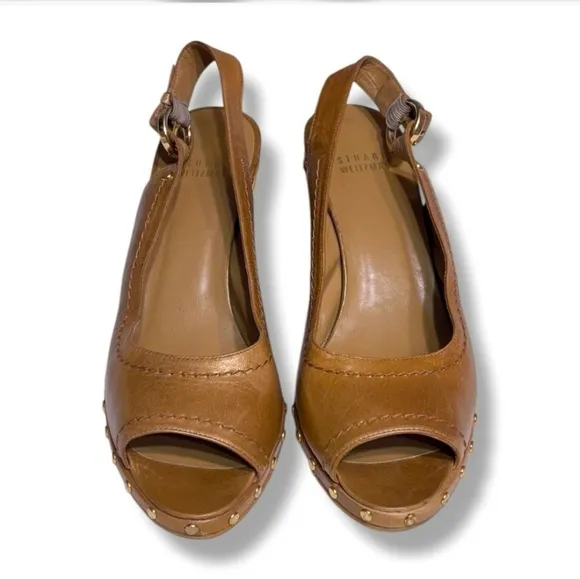 STUART WEITZMAN Brown Leather Peep Toe Slingback Raffia Wedge Sandals Studded