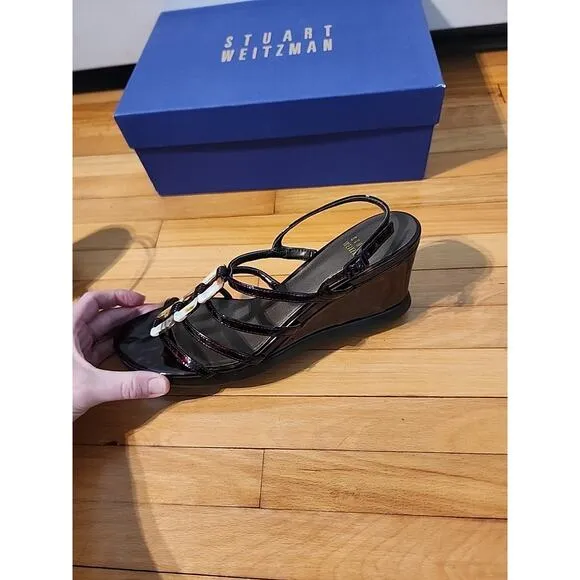 Stuart Weitzman Brown Strappy Wedge Sandals Sz 7.5 Mariner Tartuga Marbled