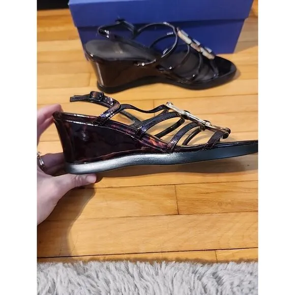 Stuart Weitzman Brown Strappy Wedge Sandals Sz 7.5 Mariner Tartuga Marbled