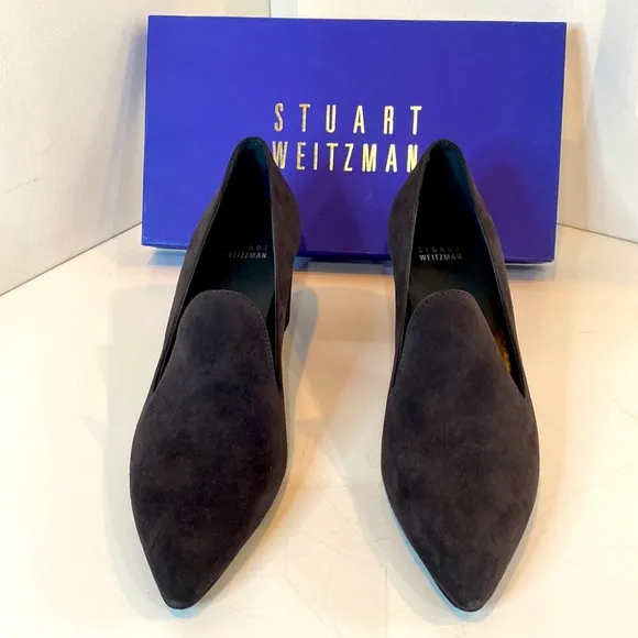 Stuart Weitzman Charcoal Suede Rounded Block Heel Pumps BNIB Narrow Size 8.5N